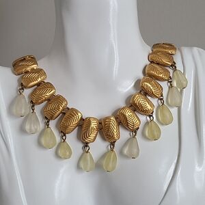 Vintage Anne Klein Mod Boho Lucite Beaded Dangle Designer Gold Choker Necklace
